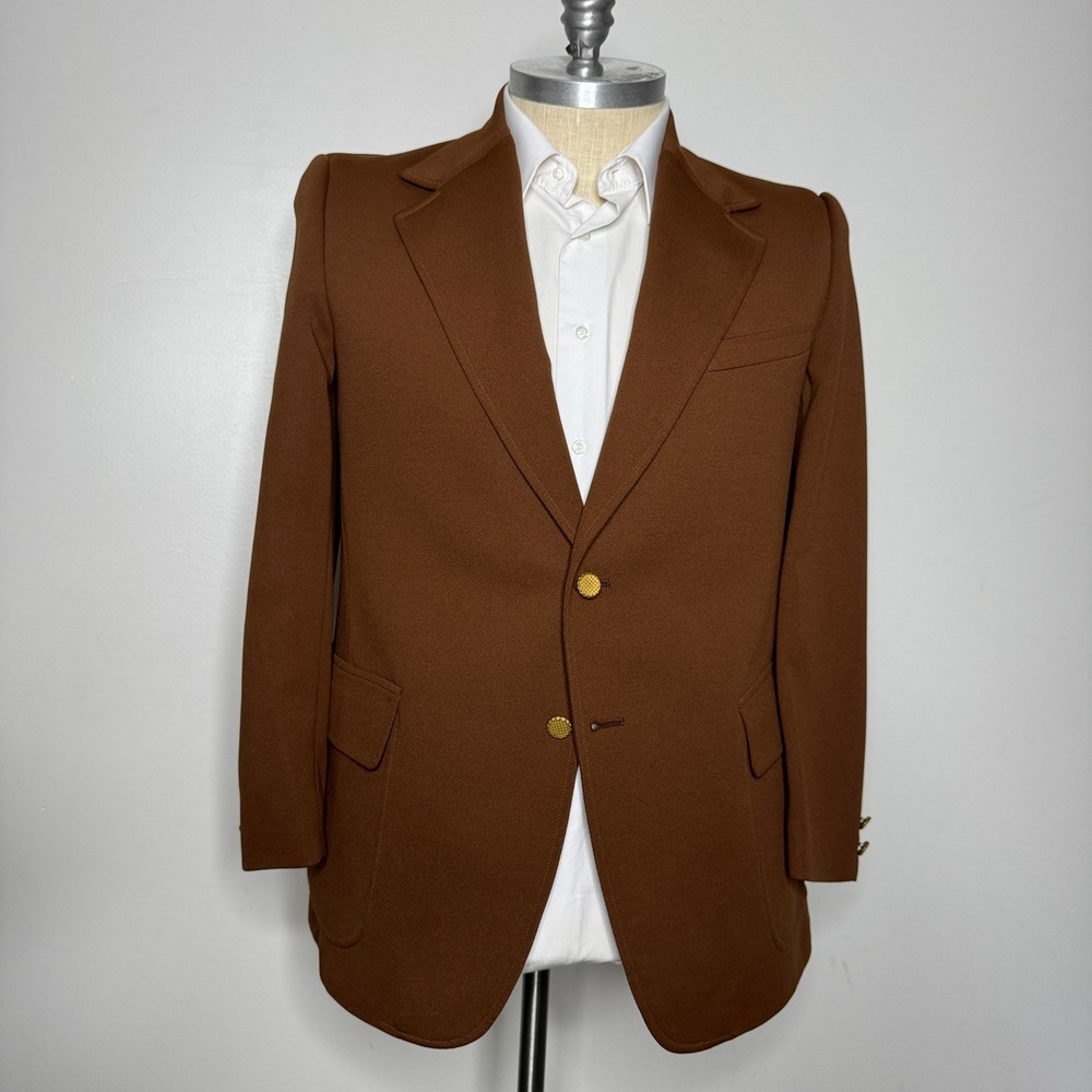 80s Vintage Knit Blazer Brown Gold Buttons Sport Coat Jacket Size 44 Regular‎
